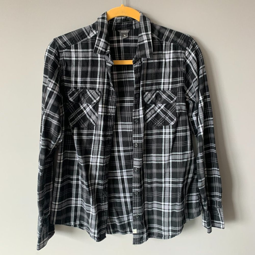 Eddie Bauer Flannel Button Down - Black & White Plaid - Soft & Cozy!